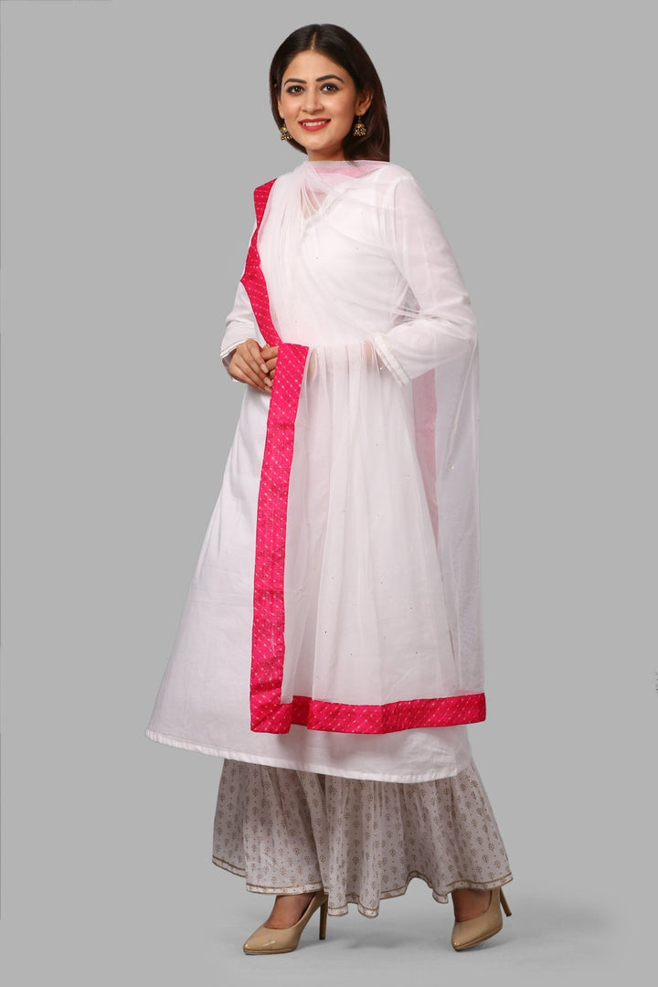 anokherang Combos White Gold Khadhi Kurti and Ruffled Khadhi Palazzos with Net Mokaish Dupatta