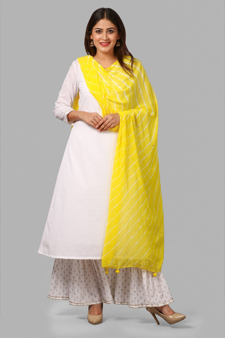 anokherang Combos White Gold Khadhi Kurti and Ruffled Khadhi Palazzos with Yellow Leheriya Dupatta