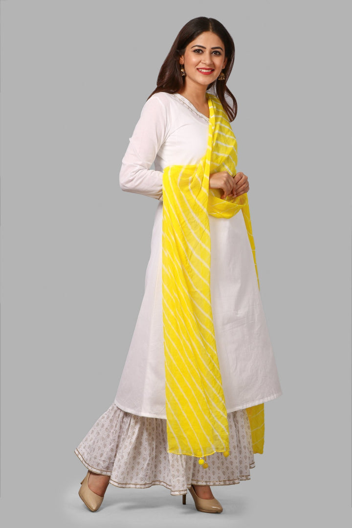 anokherang Combos White Gold Khadhi Kurti and Ruffled Khadhi Palazzos with Yellow Leheriya Dupatta