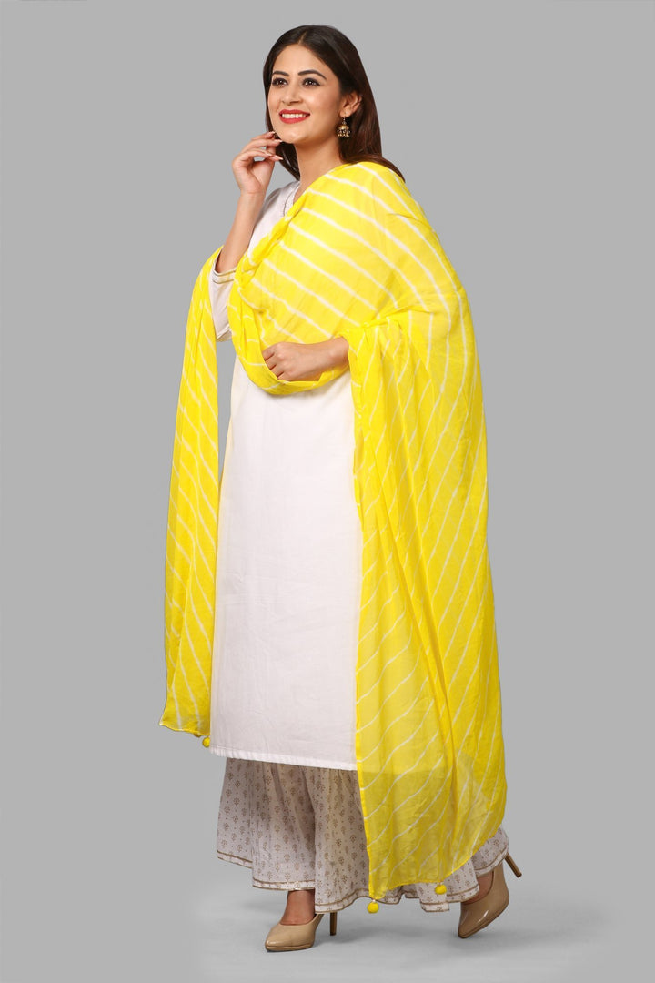 anokherang Combos White Gold Khadhi Kurti and Ruffled Khadhi Palazzos with Yellow Leheriya Dupatta