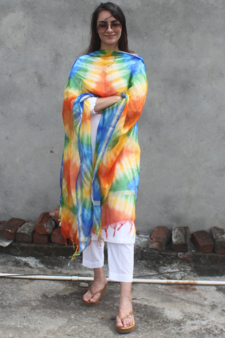 anokherang Combos White Gota Kurti with Freedom Blue Tie & Dye Kota Doriya Dupatta