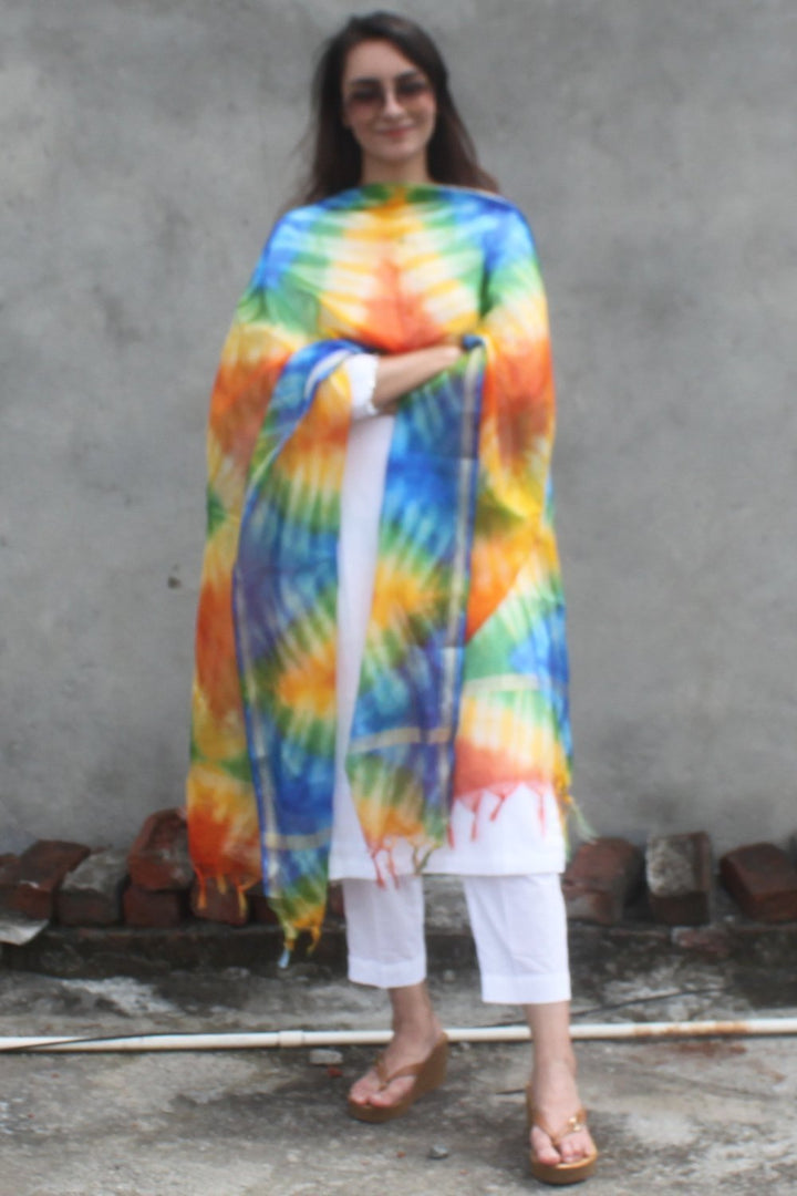 anokherang Combos White Gota Kurti with Freedom Blue Tie & Dye Kota Doriya Dupatta