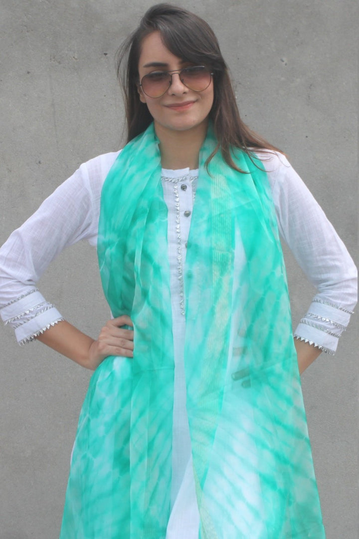 anokherang Combos White Gota Kurti with Green Tie & Dye Organza Dupatta