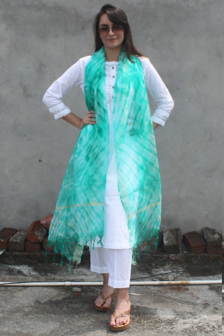 anokherang Combos White Gota Kurti with Green Tie & Dye Organza Dupatta