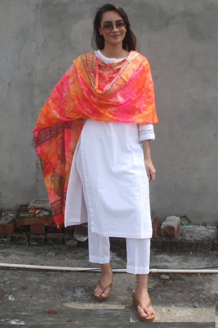 anokherang Combos White Gota Kurti with Orange Pink Foil Printed Tie & Dye Dupatta