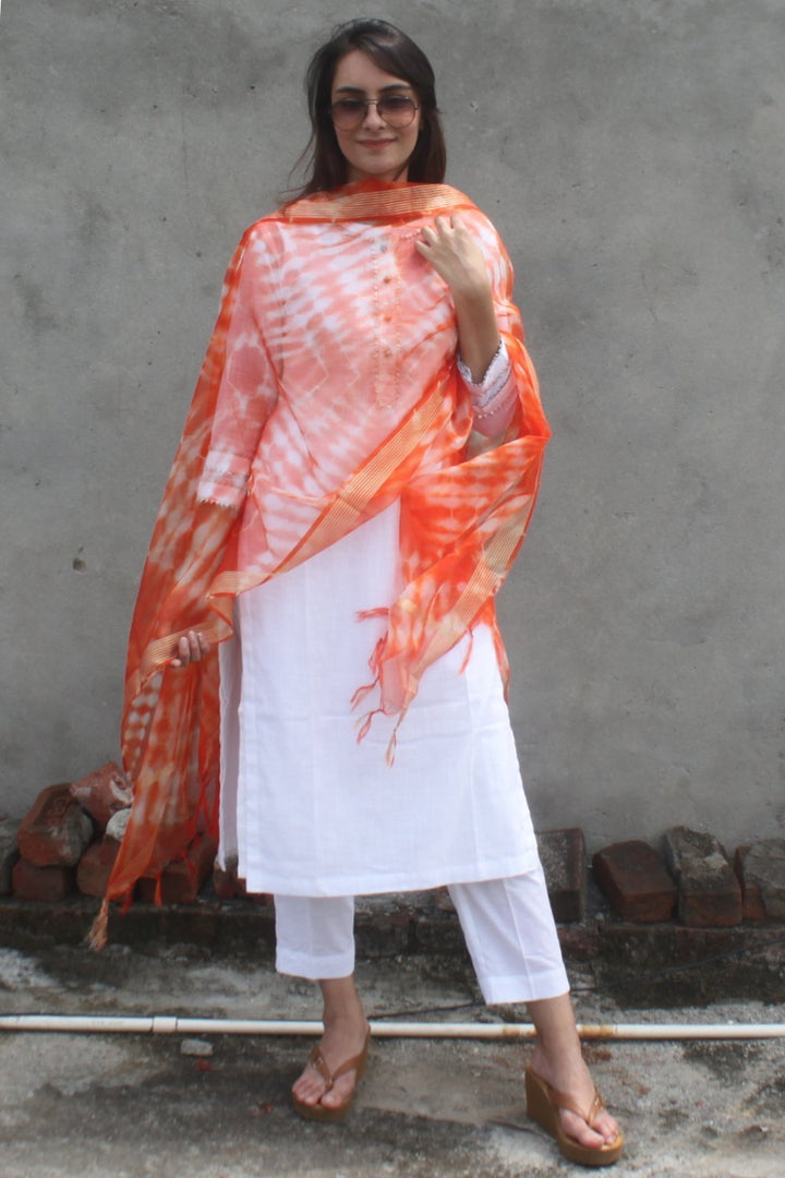 anokherang Combos White Gota Kurti with Orange Tie & Dye Organza Dupatta