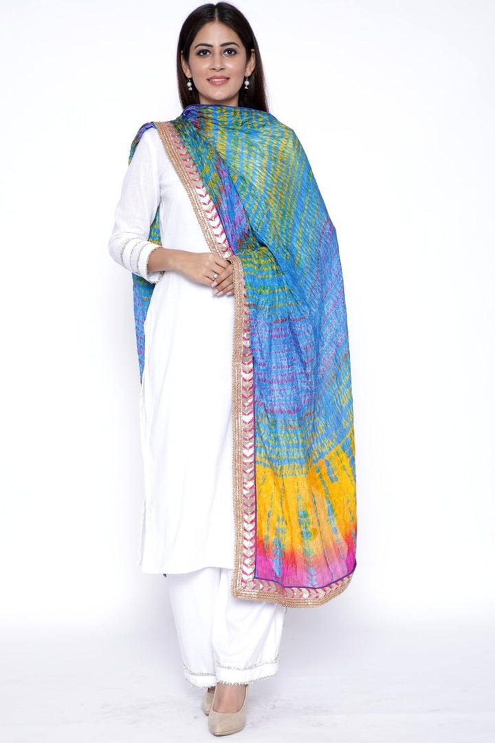 anokherang Combos White Gota Kurti with Palazzo and Blue Pink Mustard Tie & Dye Dupatta