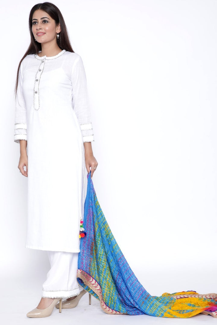 anokherang Combos White Gota Kurti with Palazzo and Blue Pink Mustard Tie & Dye Dupatta