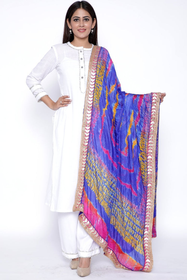 anokherang Combos White Gota Kurti with Palazzo and Blue Pink Tie & Dye Dupatta