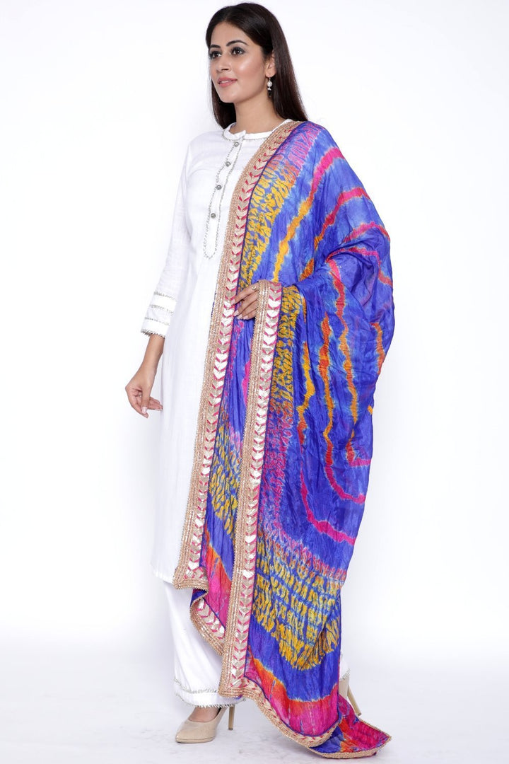 anokherang Combos White Gota Kurti with Palazzo and Blue Pink Tie & Dye Dupatta