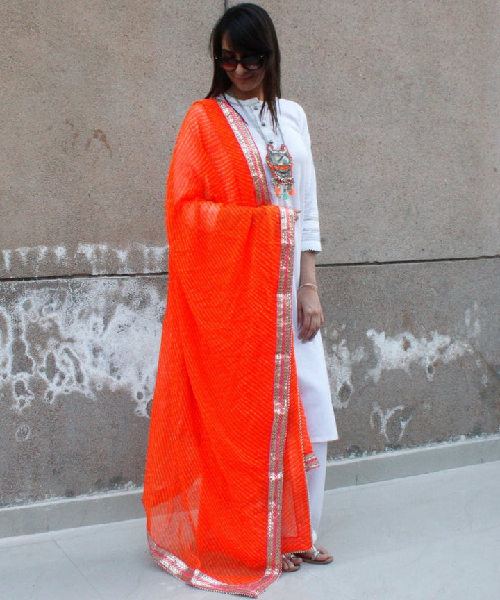 anokherang Combos White Gota Kurti with Palazzo and Hot Orange Mothra Dupatta