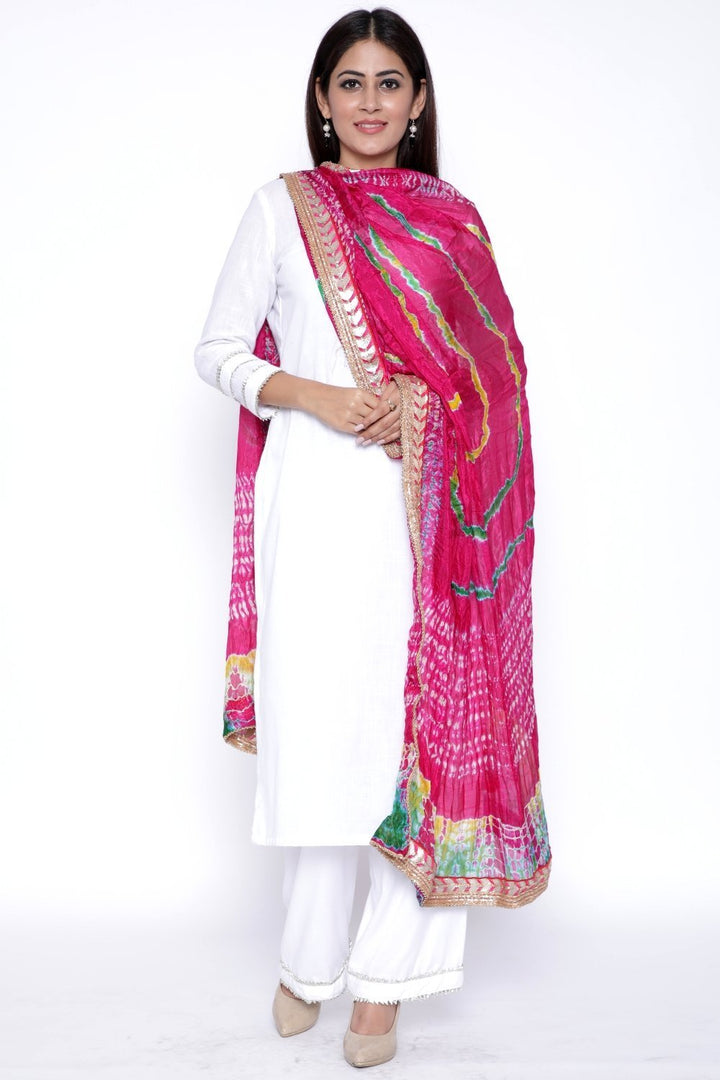 anokherang Combos White Gota Kurti with Palazzo and Pink Green Mustard Tie & Dye Dupatta