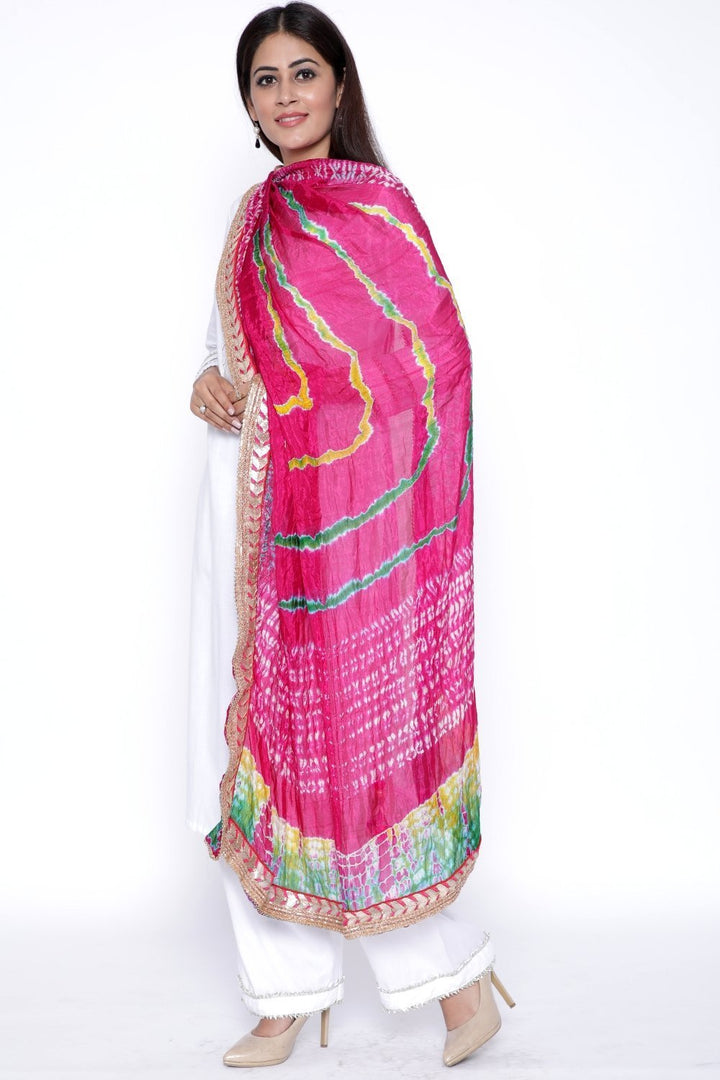 anokherang Combos White Gota Kurti with Palazzo and Pink Green Mustard Tie & Dye Dupatta