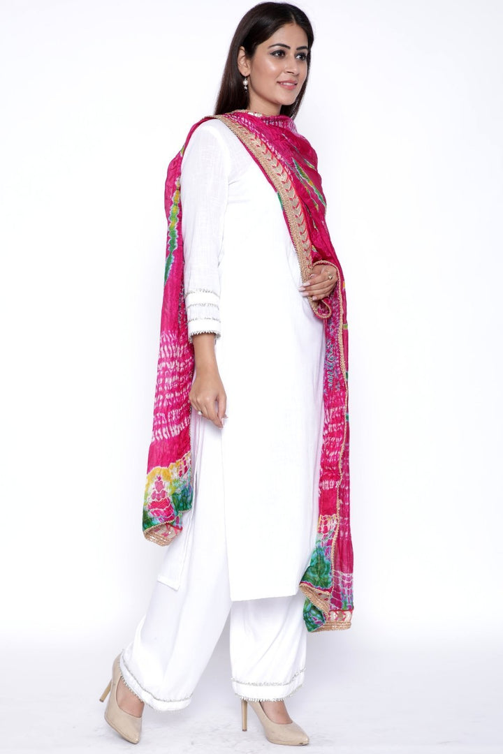 anokherang Combos White Gota Kurti with Palazzo and Pink Green Mustard Tie & Dye Dupatta