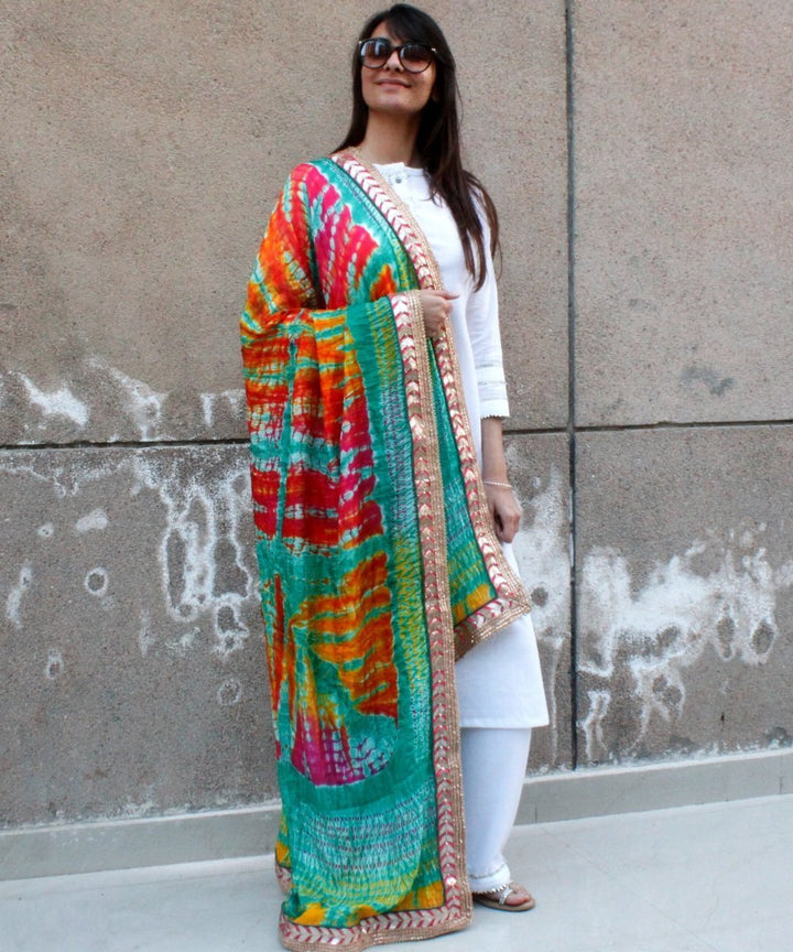 anokherang Combos White Gota Kurti with Palazzo and Sea Green Red Tie & Dye Dupatta