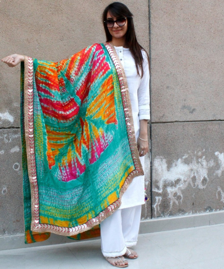 anokherang Combos White Gota Kurti with Palazzo and Sea Green Red Tie & Dye Dupatta