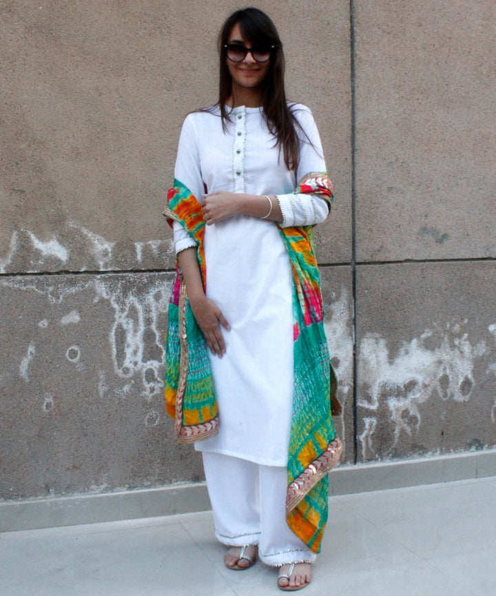 anokherang Combos White Gota Kurti with Palazzo and Sea Green Red Tie & Dye Dupatta