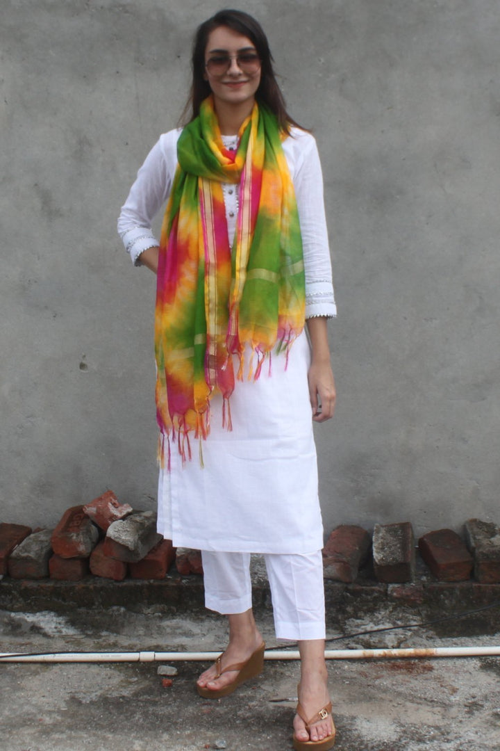 anokherang Combos White Gota Kurti with Pants and Freedom Green Tie & Dye Kota Doriya Dupatta