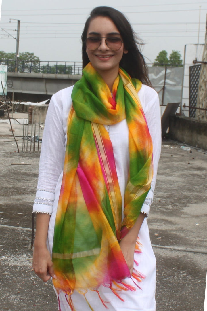 anokherang Combos White Gota Kurti with Pants and Freedom Green Tie & Dye Kota Doriya Dupatta