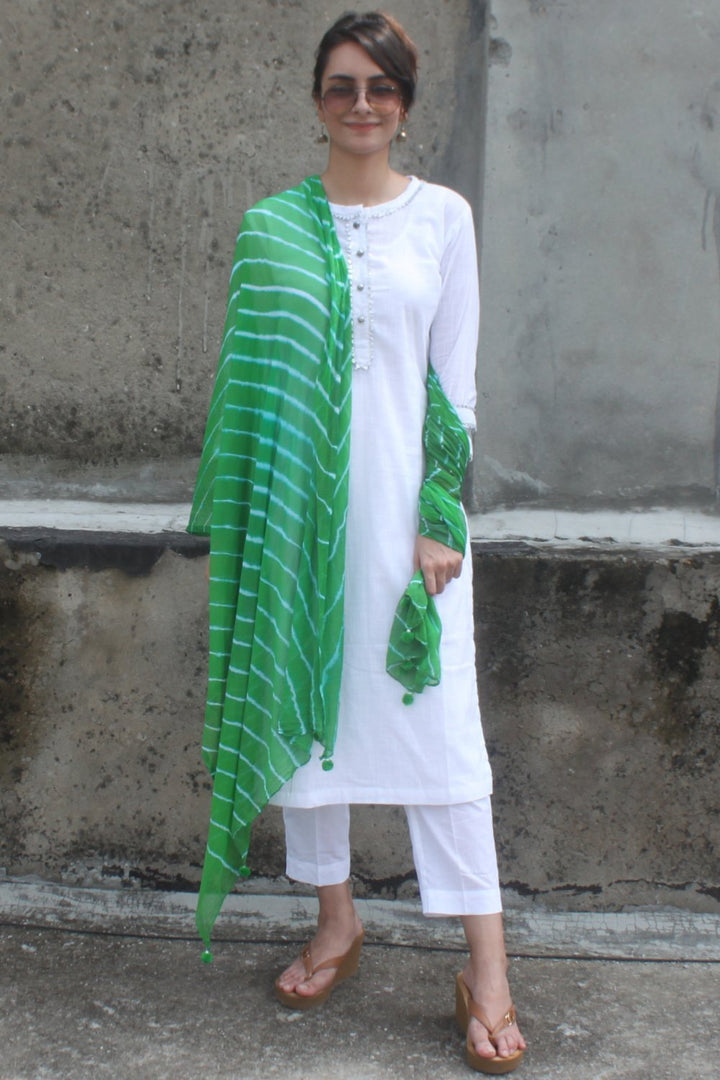 anokherang Combos White Gota Kurti with Pants and Green Leheriya Dupatta