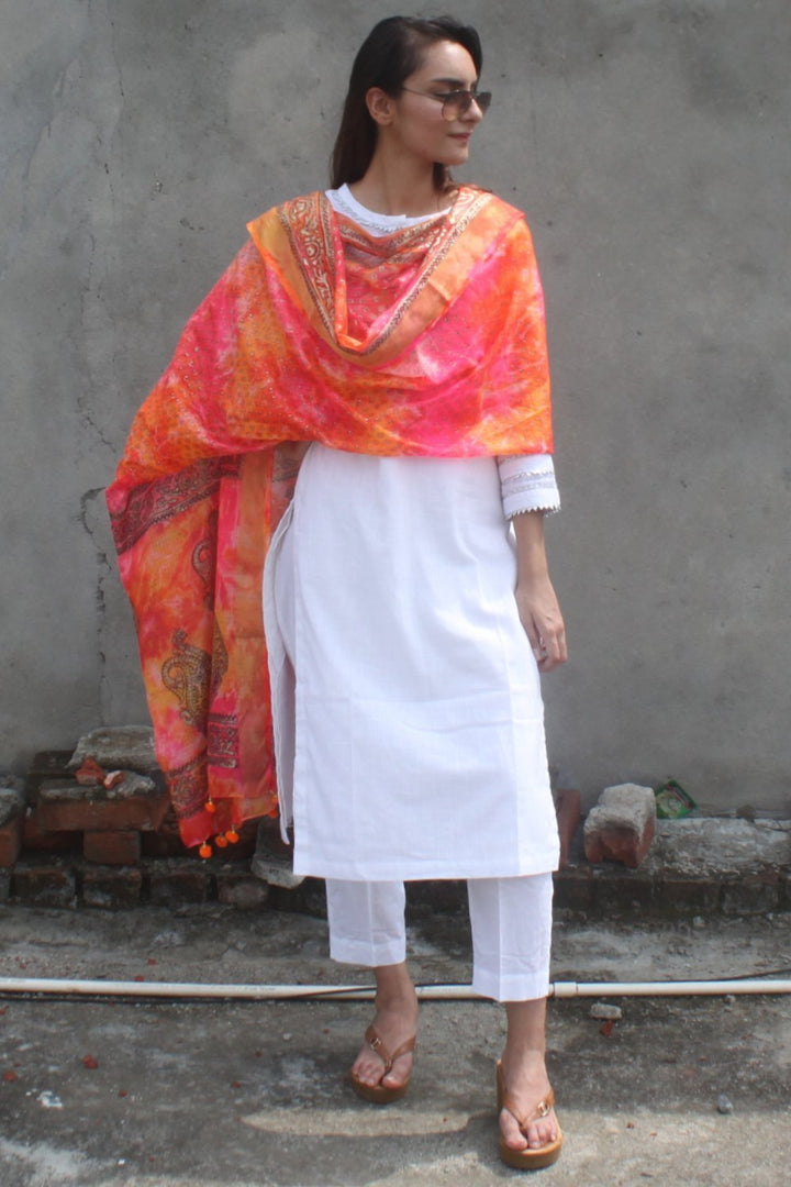 anokherang Combos White Gota Kurti with Pants and Orange Pink Foil Printed Tie & Dye Dupatta