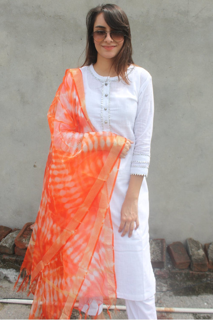 anokherang Combos White Gota Kurti with Pants and Orange Tie & Dye Organza Dupatta