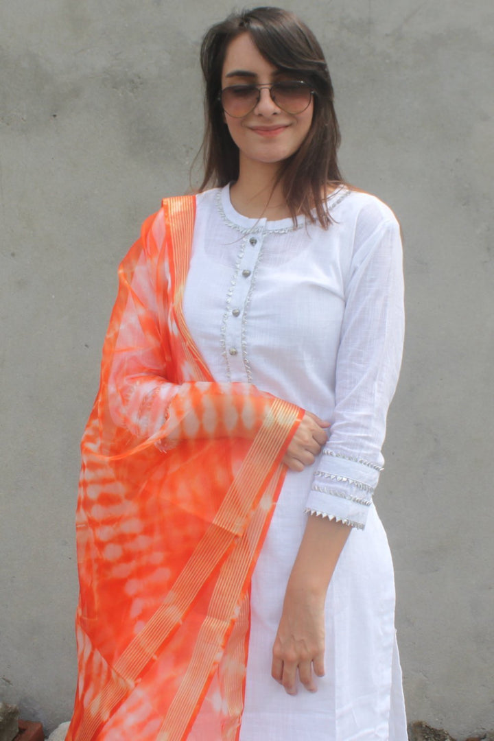 anokherang Combos White Gota Kurti with Pants and Orange Tie & Dye Organza Dupatta