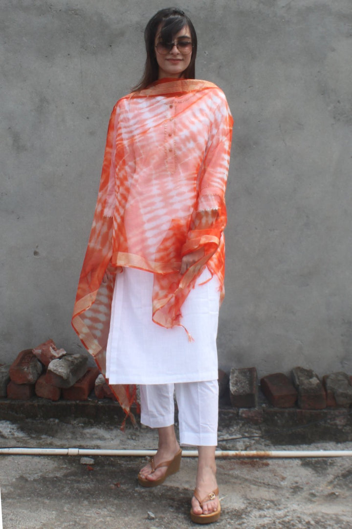 anokherang Combos White Gota Kurti with Pants and Orange Tie & Dye Organza Dupatta