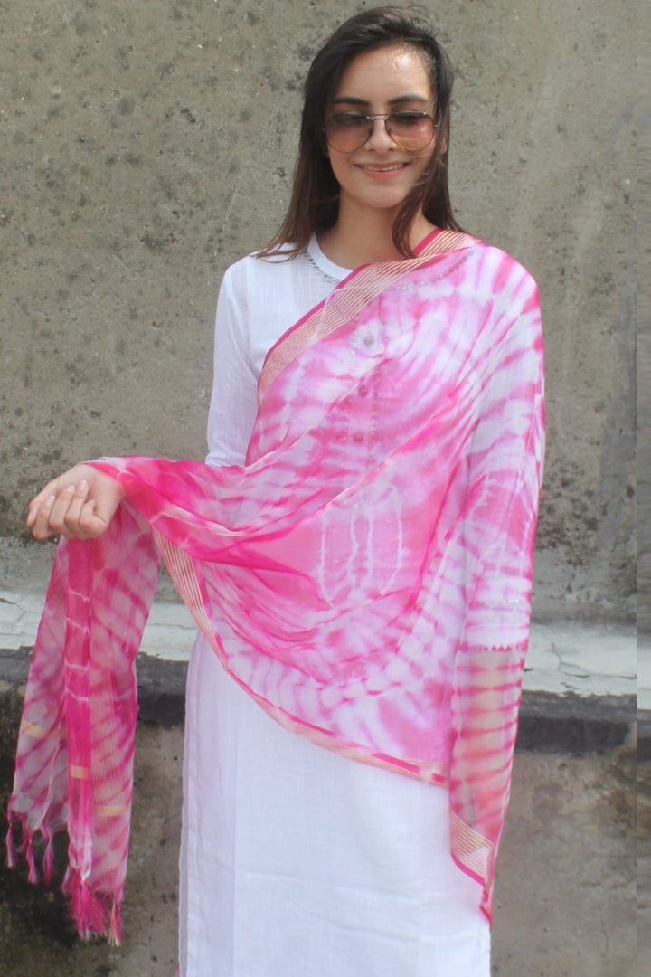 anokherang Combos White Gota Kurti with Pants and Pink Tie & Dye Organza Dupatta