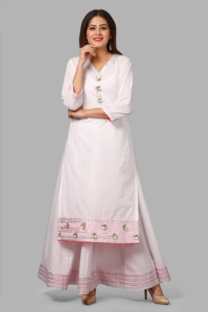 anokherang Combos White Gotta Flower Kurti with White Kalidaar Gotta Skirt