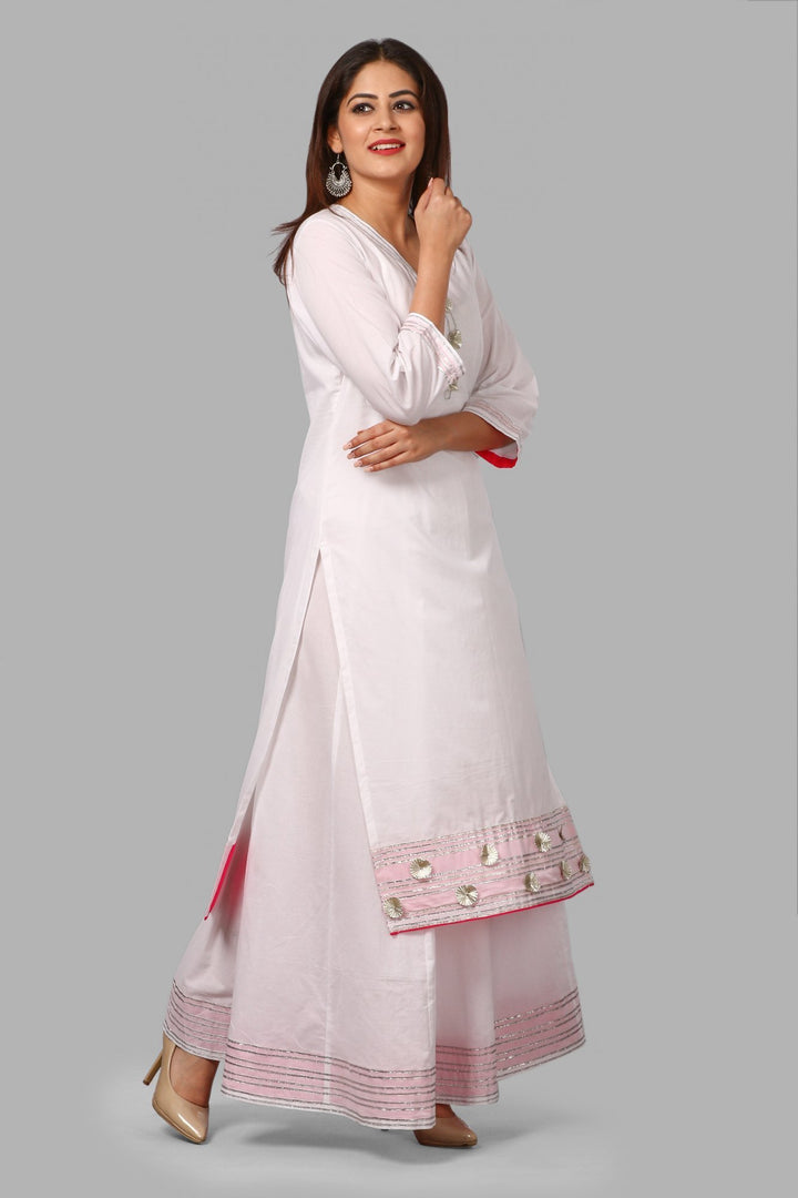 anokherang Combos White Gotta Flower Kurti with White Kalidaar Gotta Skirt