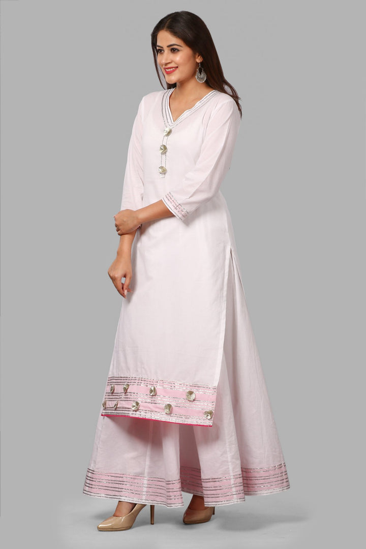 anokherang Combos White Gotta Flower Kurti with White Kalidaar Gotta Skirt