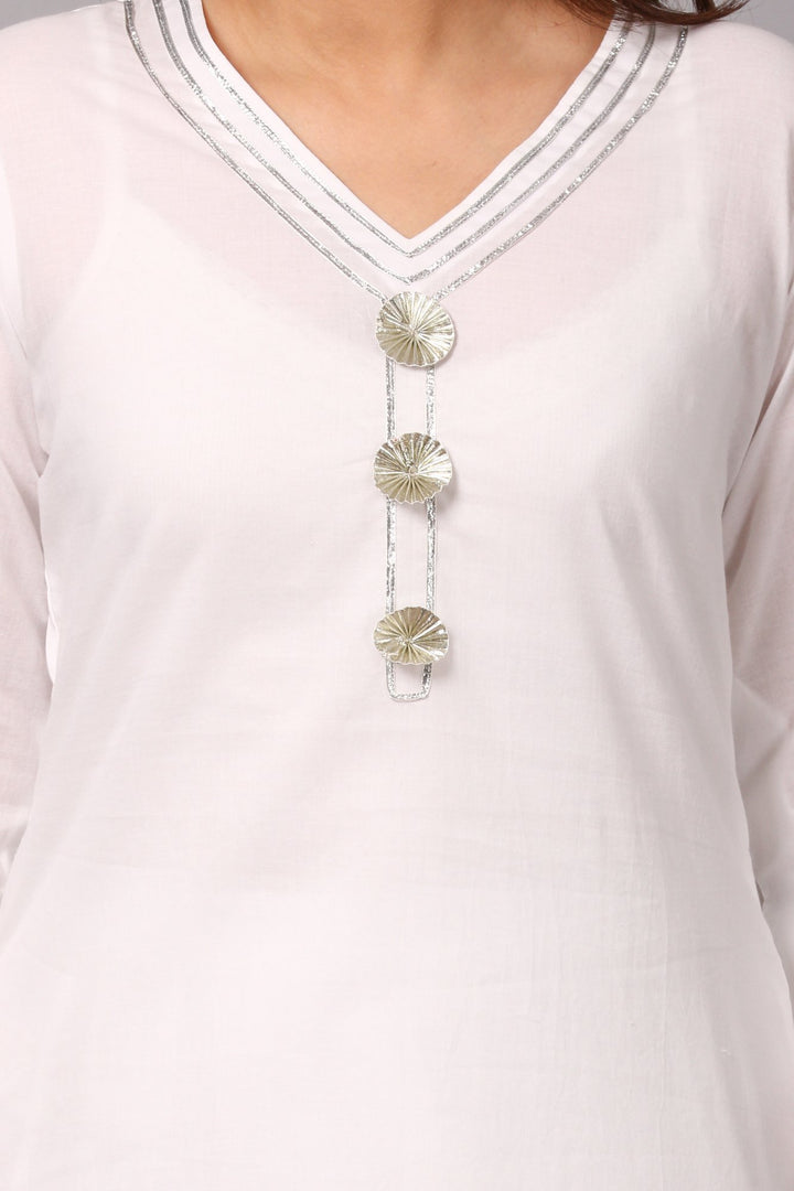 anokherang Combos White Gotta Flower Kurti with White Kalidaar Gotta Skirt