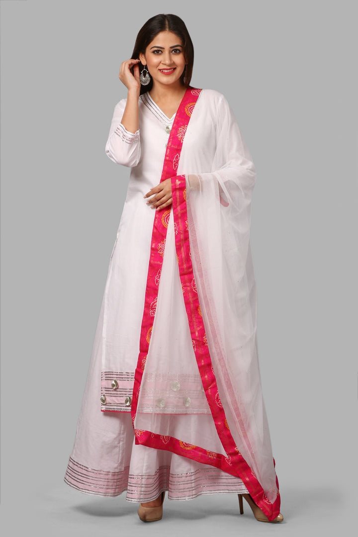 anokherang Combos White Gotta Flower Kurti with White Kalidaar Gotta Skirt and Net Mokaish Dupatta