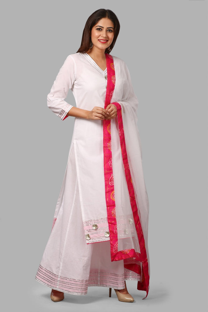 anokherang Combos White Gotta Flower Kurti with White Kalidaar Gotta Skirt and Net Mokaish Dupatta