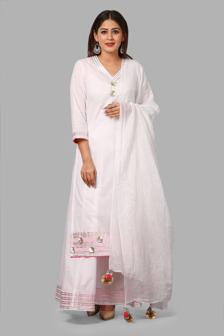 anokherang Combos White Gotta Flower Kurti with White Kalidaar Gotta Skirt and White Lumax Gotta Dupatta
