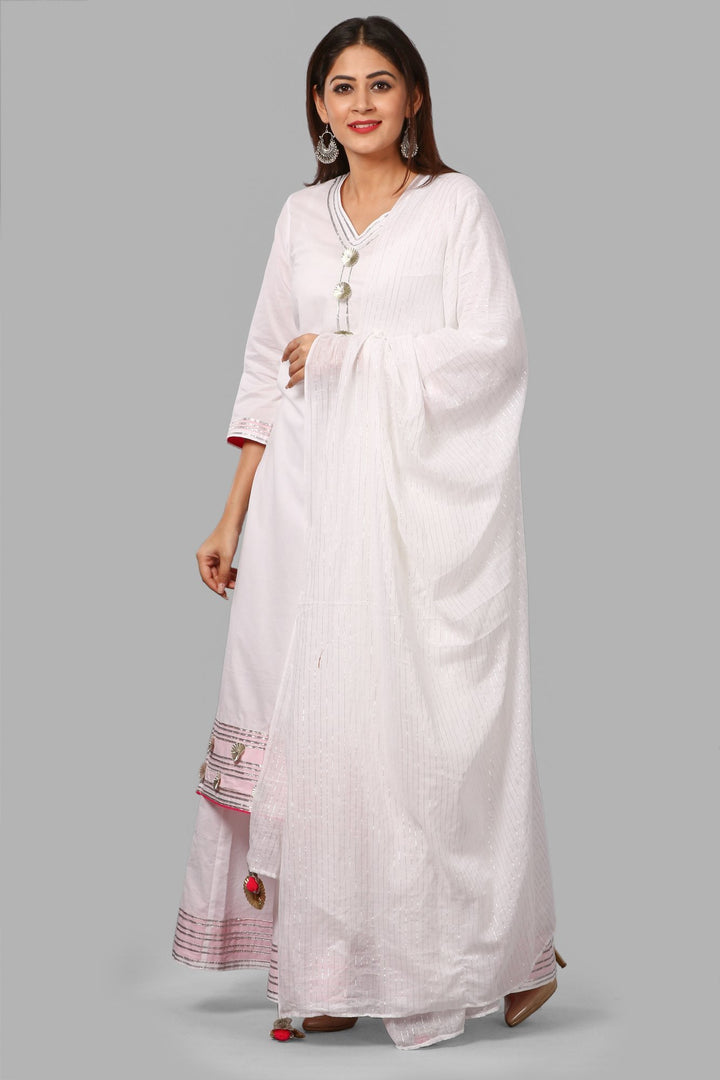 anokherang Combos White Gotta Flower Kurti with White Kalidaar Gotta Skirt and White Lumax Gotta Dupatta