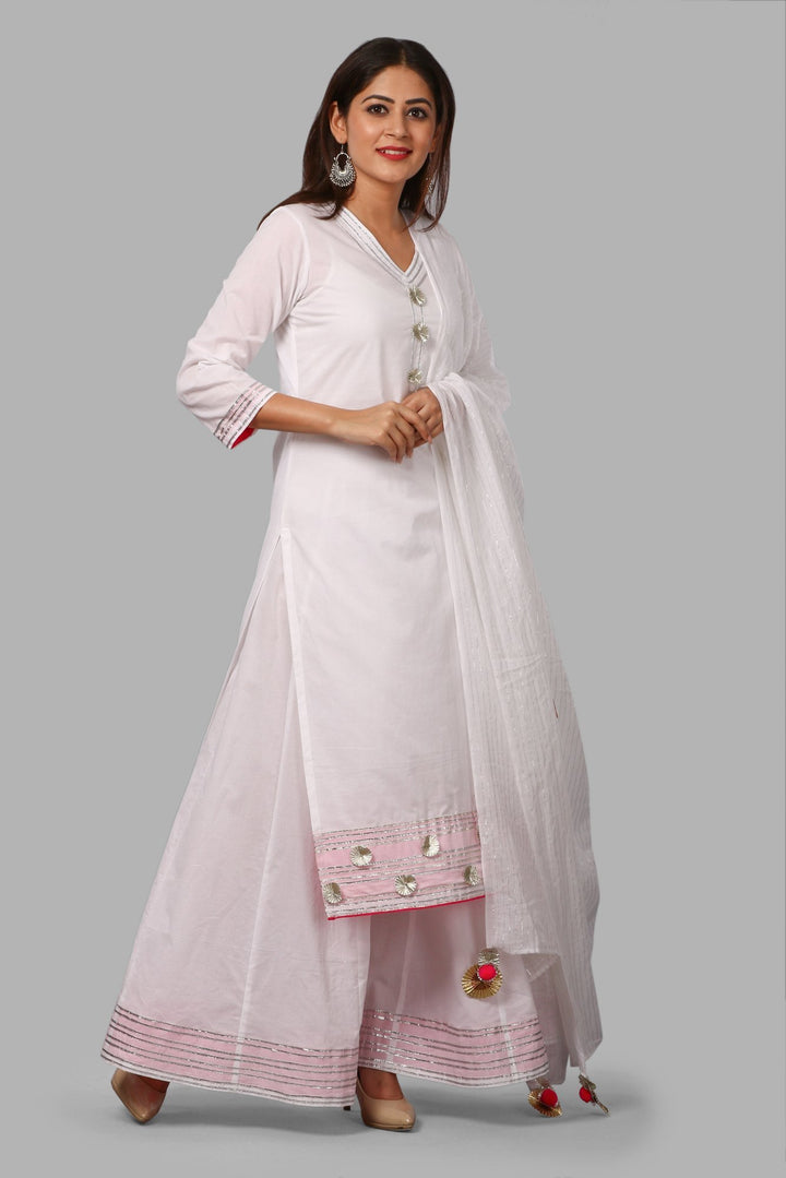 anokherang Combos White Gotta Flower Kurti with White Kalidaar Gotta Skirt and White Lumax Gotta Dupatta