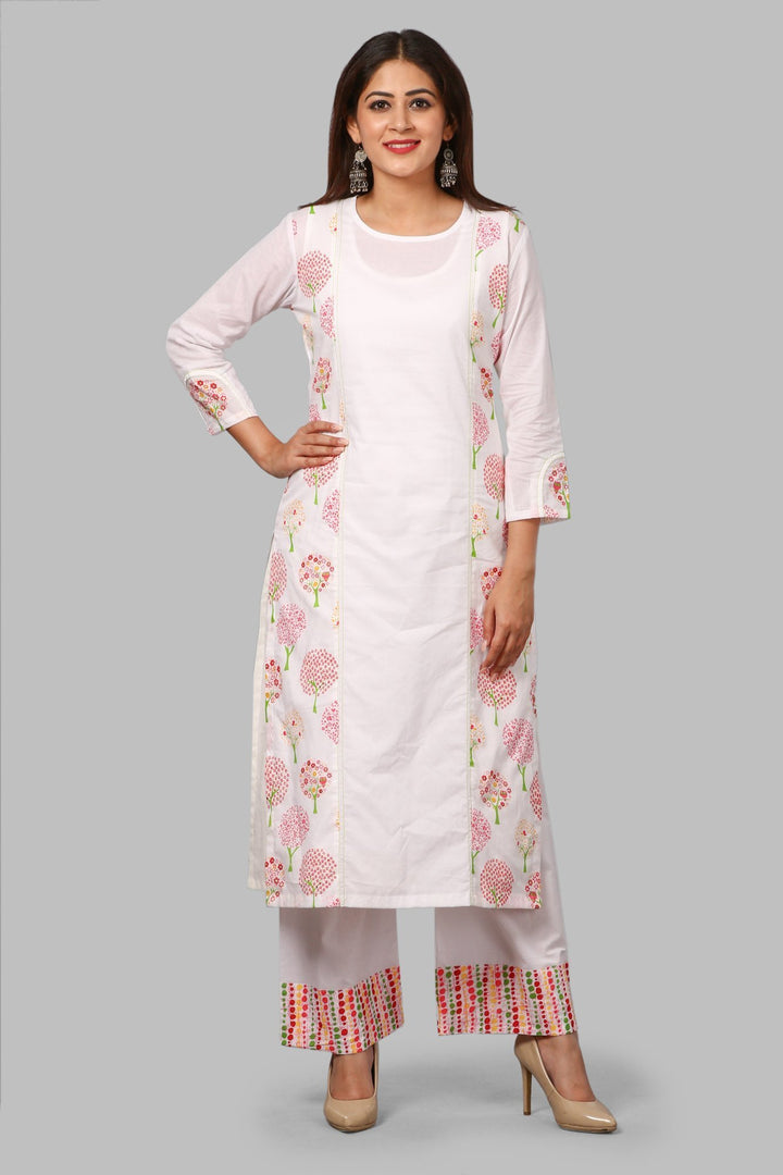 anokherang Combos White Tree Print Kurti with Printed Polka Palazzos