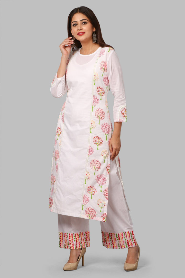 anokherang Combos White Tree Print Kurti with Printed Polka Palazzos