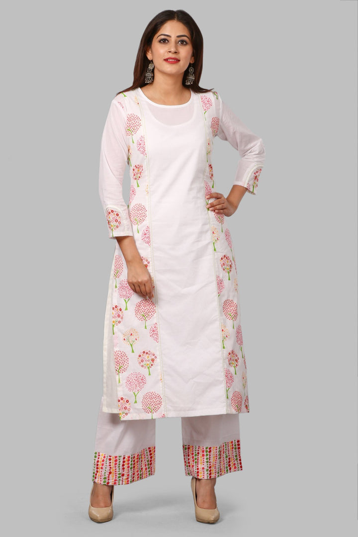 anokherang Combos White Tree Print Kurti with Printed Polka Palazzos
