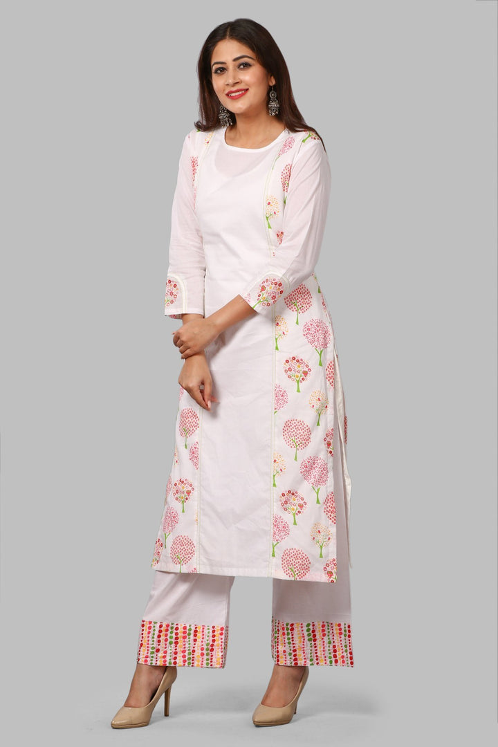 anokherang Combos White Tree Print Kurti with Printed Polka Palazzos