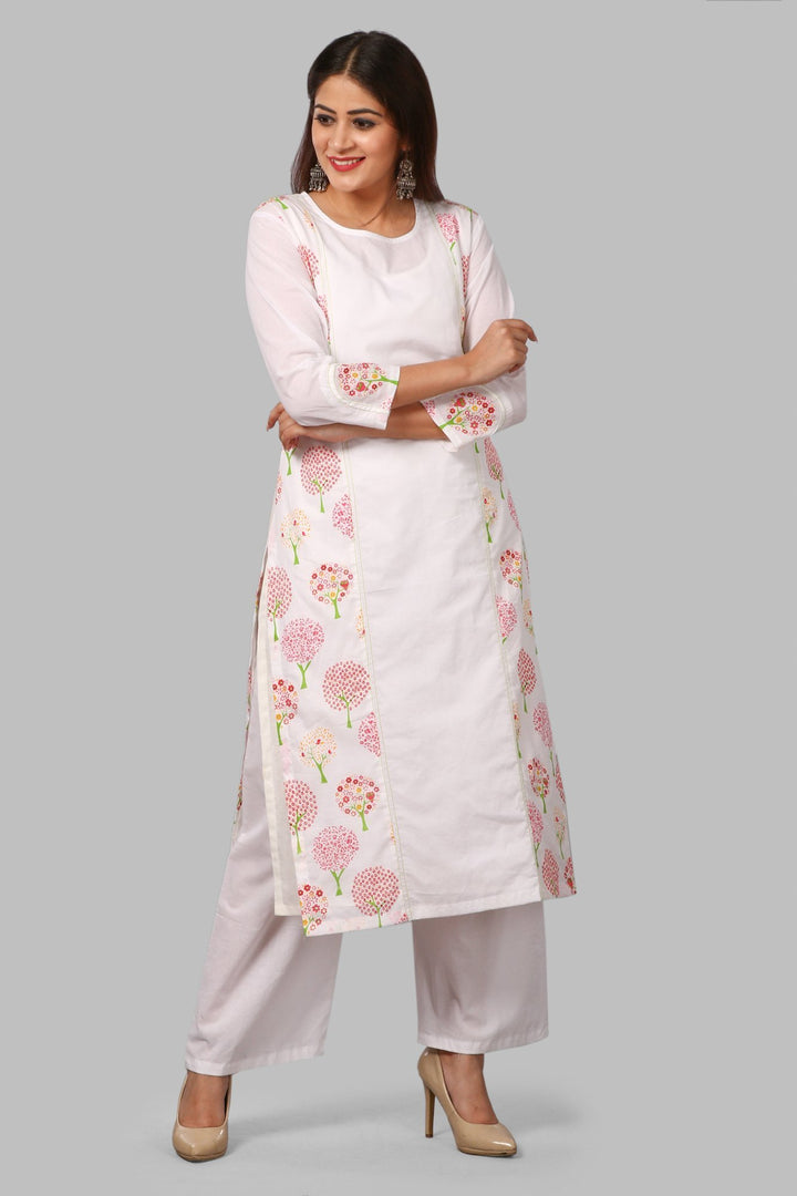 anokherang Combos White Tree Print Kurti with Straight Palazzos