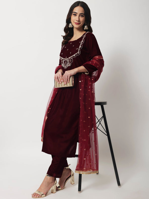 anokherang Combos Wine Embroidered Straight Velvet Kurti with Straight Pants and Net Dupatta