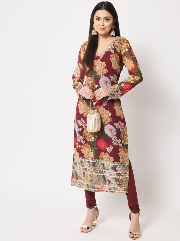 anokherang Combos Wine Floral Printed Embroidered Kurti