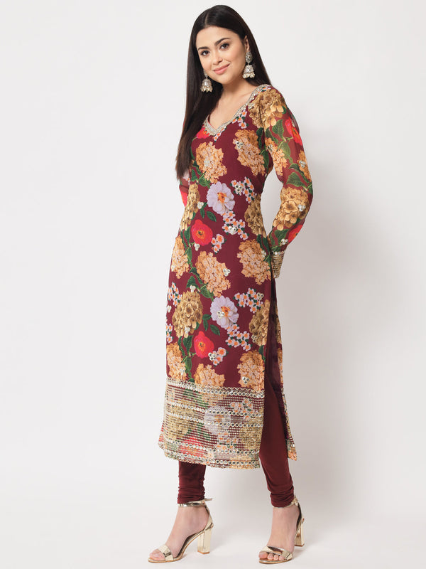 anokherang Combos Wine Floral Printed Embroidered Kurti