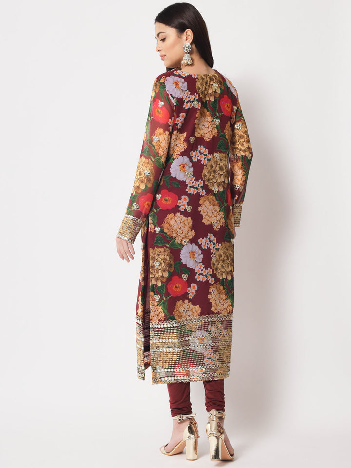 anokherang Combos Wine Floral Printed Embroidered Kurti