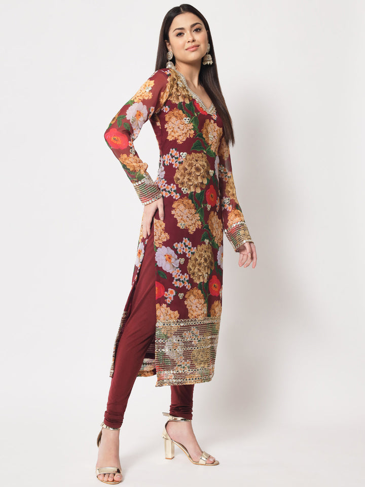 anokherang Combos Wine Floral Printed Embroidered Kurti with Churidaar and Dupatta