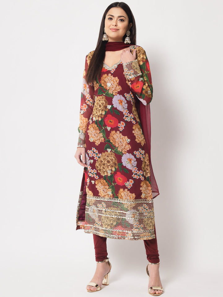 anokherang Combos Wine Floral Printed Embroidered Kurti with Churidaar and Dupatta