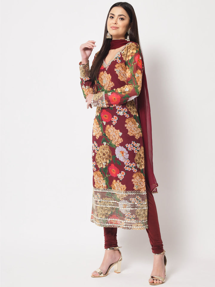 anokherang Combos Wine Floral Printed Embroidered Kurti with Churidaar and Dupatta